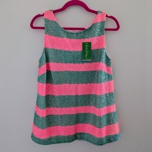 NWT Lilly Pulitzer Regina Sequin Tank Top Confetti Hot Pink Green Stripes SMALL